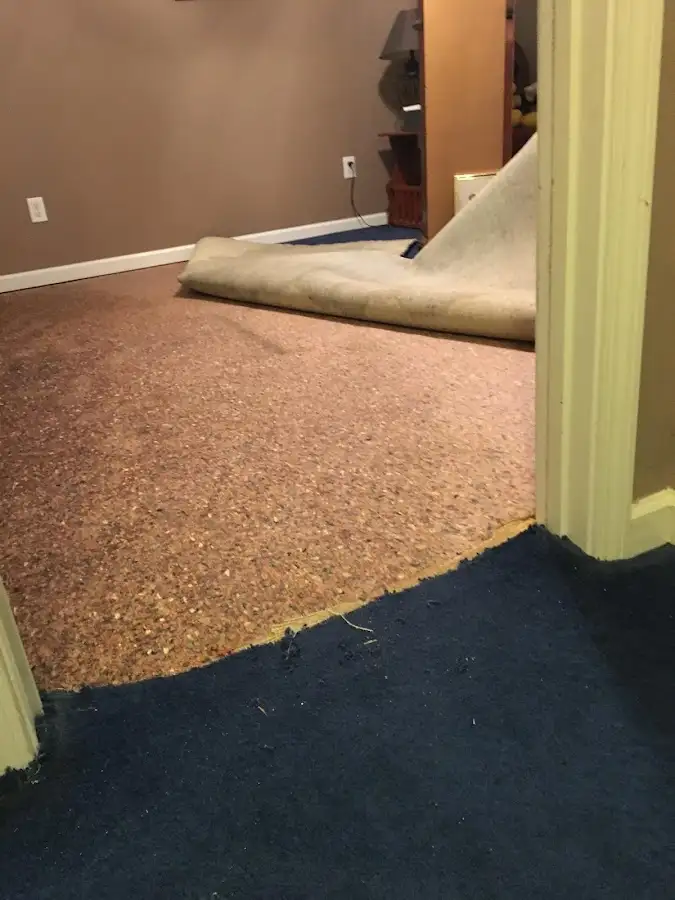 Carpet pad removal revealing water damage during Drying & Dehumidification in Stuart